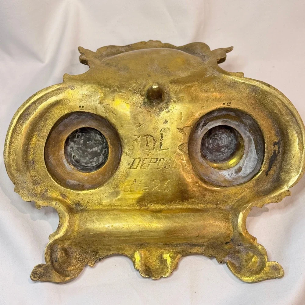 Brass Double Inkwell Antique Rococo Ornate French Art‎ Nouveau Academia Depose